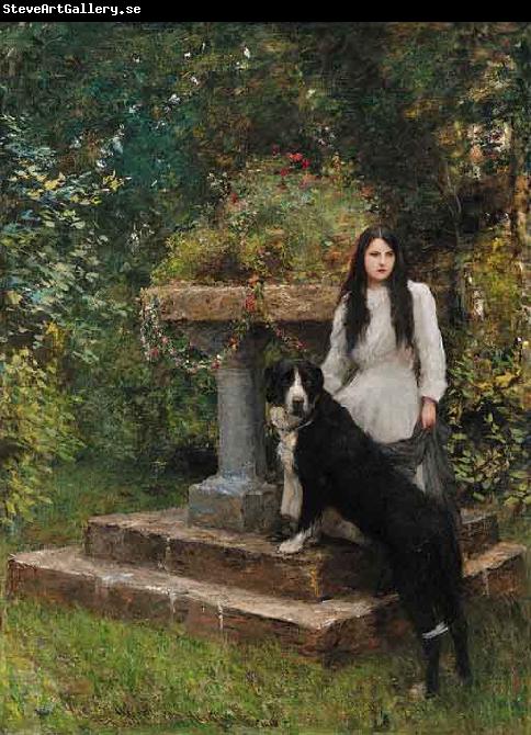 Sir Hubert von Herkomer,RA,RWS A young girl and her dog